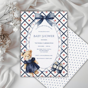 Convite Azul Branco Vermelho Pequena Senhora Floral Urso V