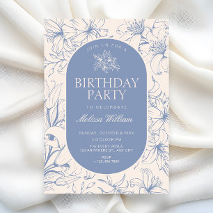 Convite Azul branco vintage elegante floral aniversário