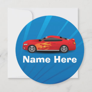Convite Azul Brilhante com Chamas de Carro Vermelho Crian