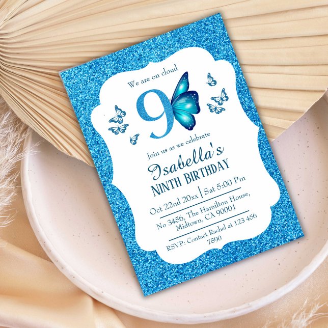 Convite Azul brilho vibrante fofo vibrante 9º aniversário (Criador carregado)