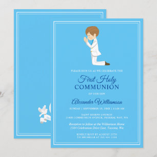 Convite Azul Brunette Boy First Communion
