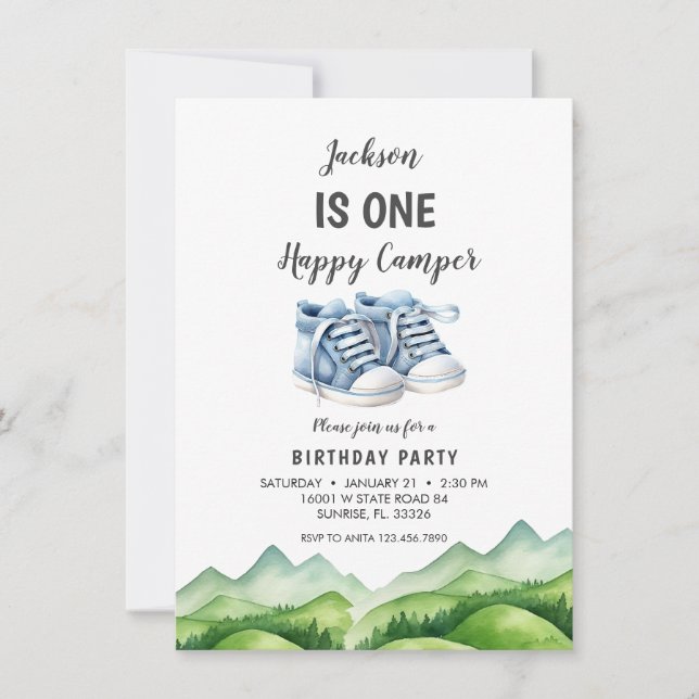 Convite Azul, Calçados de bebê, Aniversário da Pequena Cam (Frente)