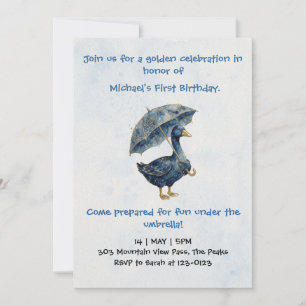 Convite Azul Caprichoso Ganso Dourado Primeiro Aniversário