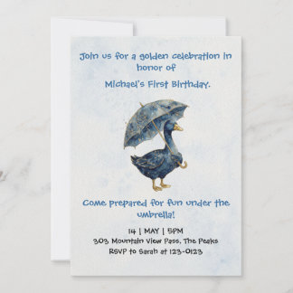 Convite Azul Caprichoso Ganso Dourado Primeiro Aniversário