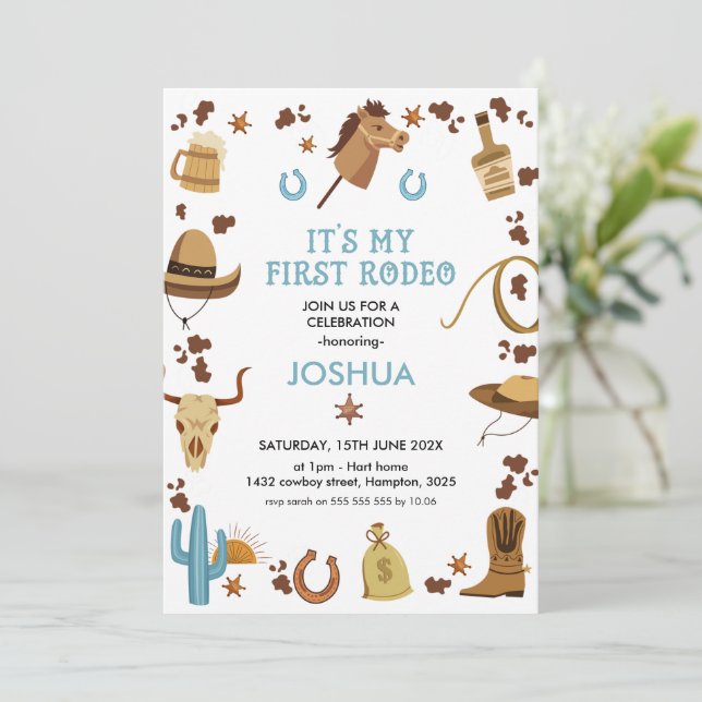 Convite Azul Castanho Meu Primeiro primeiro aniversario Ro (Em pé/Frente)