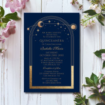 Azul Celestial, Dourado Sol Lua Estrelas Quinceañe