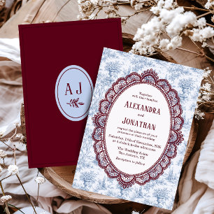 Convite Azul Centáurea Borgonha Renda Vintage Casamento