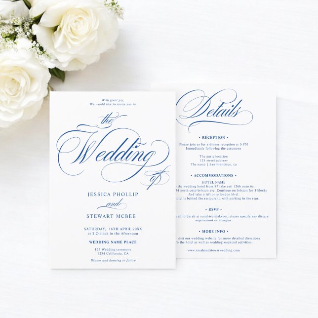 Convite Azul-chic branco tudo em um casamento de caligrafi (Chic blue white all in one calligraphy wedding invitation)