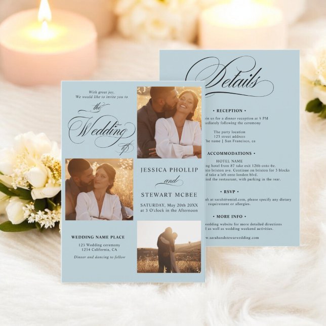 Convite Azul-chic branco tudo em um roteiro fotos casament (Chic blue white all in one script photos wedding invitation)