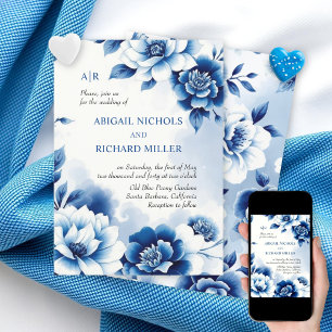 Convite Azul Chinoiserie floral, casamento de lavagem a aq