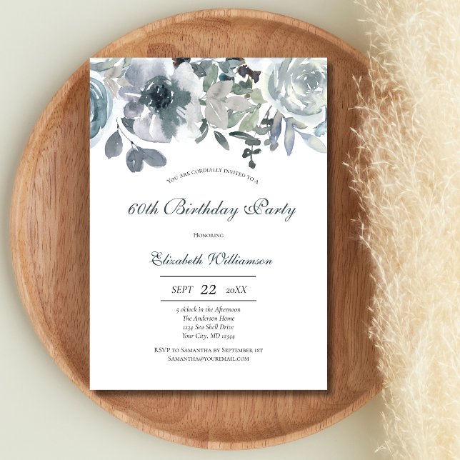 Convite Azul Cinza Verde Floral Aquarela Aniversário Para  (Blue Green Gray Watercolor Floral Birthday invitation for her. Printed or Digital Instant download)