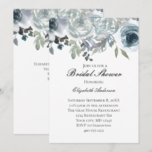 Convite Azul Cinza Verde Floral Elegante Aquarela Nupcial
