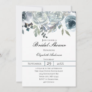 Convite Azul Cinza Verde Floral Elegante Noiva Aquarela