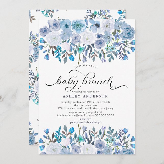 Convite Azul-claro Aquarela Floral Baby Brunch (Frente/Verso)
