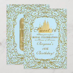 Convite Azul Claro e Dourado Castelo Real Princesa Doze An