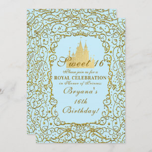 Convite Azul claro e Dourado Castelo Real Princesa Sweet 1