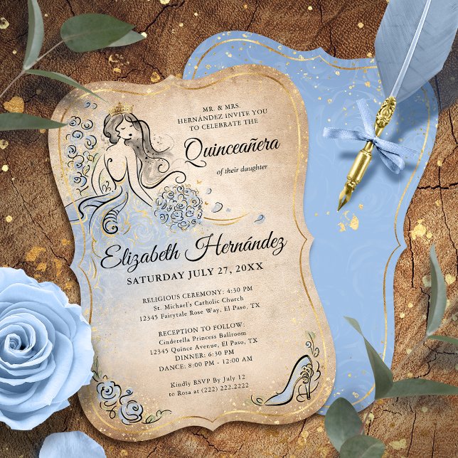 Convite Azul claro e princesa Dourada Quinceanera Aniversá (Unique, downloadable gold and light blue quinceanera invitations on an editable DIY template.)
