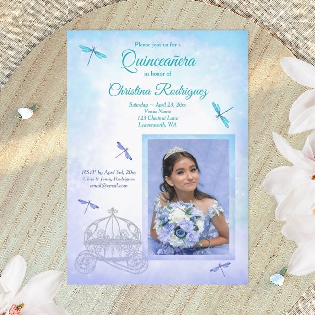 Convite Azul Claro e Turquesa, Carruagem de Quinceañera (dusty blue turquoise quinceanera invitations)