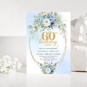 Convite Azul claro floral branco peônia dourado 60º aniver