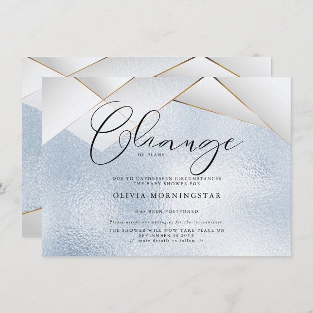 Convite Azul Claro Pastel Pérolas Facetas Chuva Postergada (Frente/Verso)