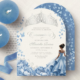 Convite Azul-claro Tiara Borboletas Flores Quinceanera