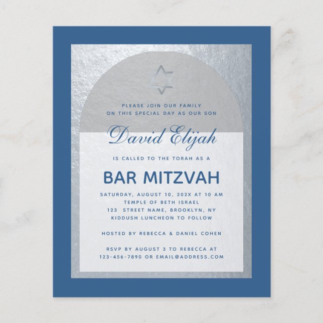 Convite Azul Clássico Bar Mitzvah com Prata (Frente)