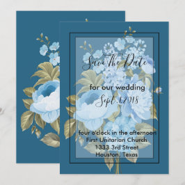 Convite Azul clássico Chic floral salvar a data