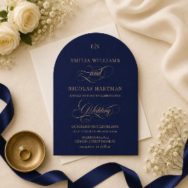 Convite Azul Cobalto e Monograma Dourado Casamento Elegant