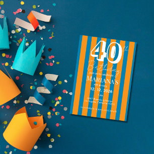 Convite Azul Cobalto & Listras Laranja Moderno 40º Anivers