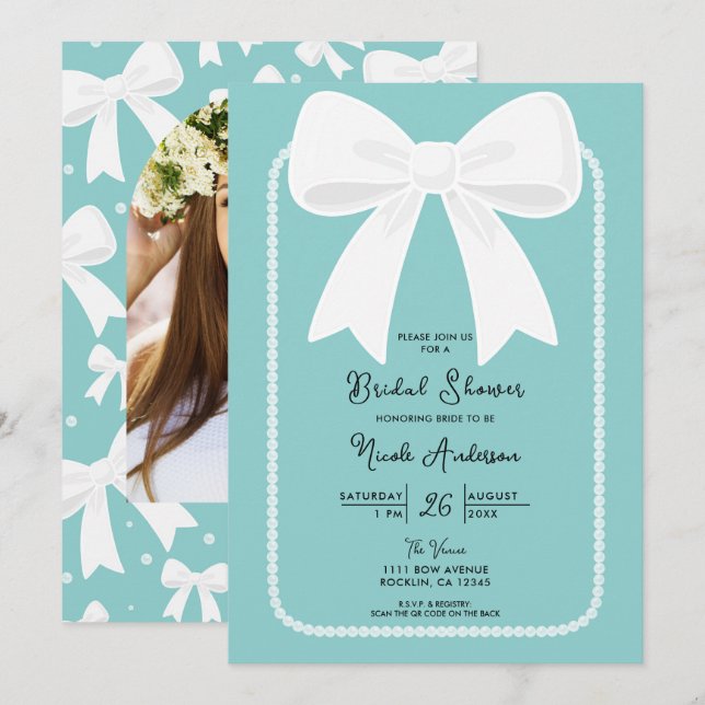 Convite Azul Com Pérolas Laços Brancos Chaveirinho Chá de  (Frente/Verso)