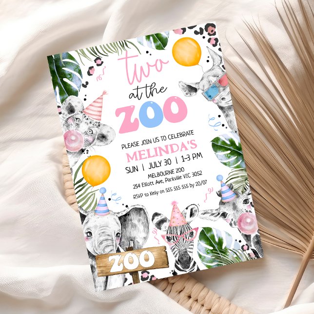 Convite Azul Cor-De-Rosa Desenhado Safari Dois O segundo a (Two The Zoo 2nd Birthday Invitation Girl, Zoo Birthday Party Invitation Template, Zoo Party Invite )