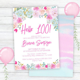 Convite Azul cor-de-rosa Pêssego Floral 100ª Festa de aniv