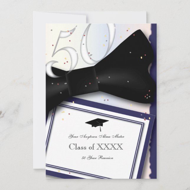 Convite Azul customizável e branco reunião de classe de 50 (Frente)