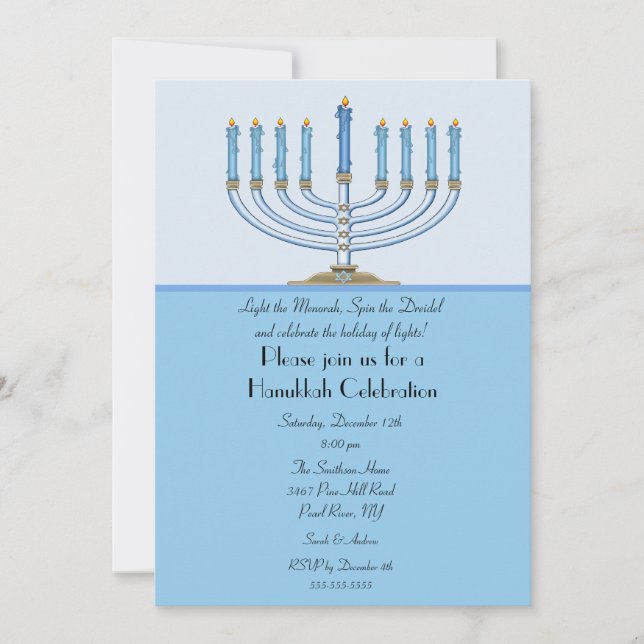 Convite azul da celebração de Menorah Hanukkah (Frente)