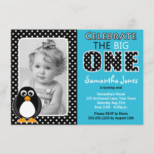 Convite Azul da festa de aniversário do pinguim bonito