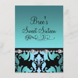 Convite Azul Damask & Diamond Image Sweet 16 Invite