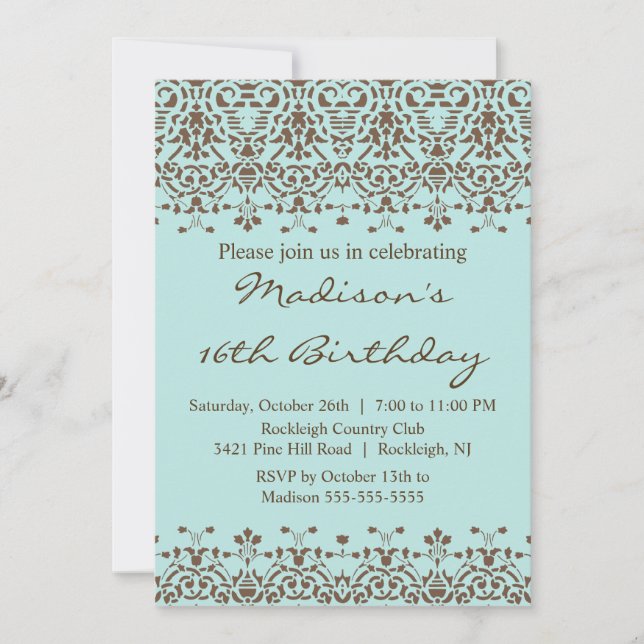 Convite Azul, Damask Doce, 16 Aniversários (Frente)