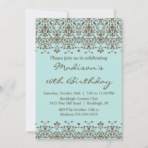 Convite Azul, Damask Doce, 16 Aniversários