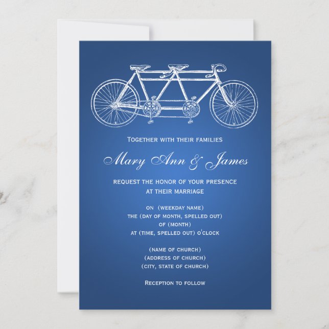 Convite Azul de bicicleta Tandem de casamento simples 5x7 (Frente)
