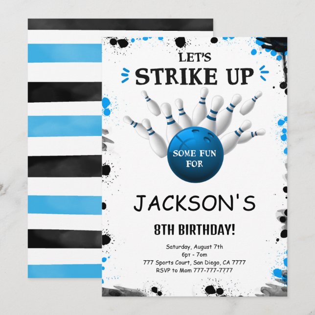 Convite Azul de Boliche Editável (Frente/Verso)