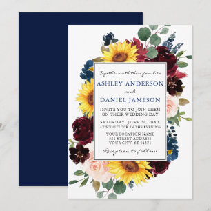 Convite Azul de Casamento de Frame Floral Misturado