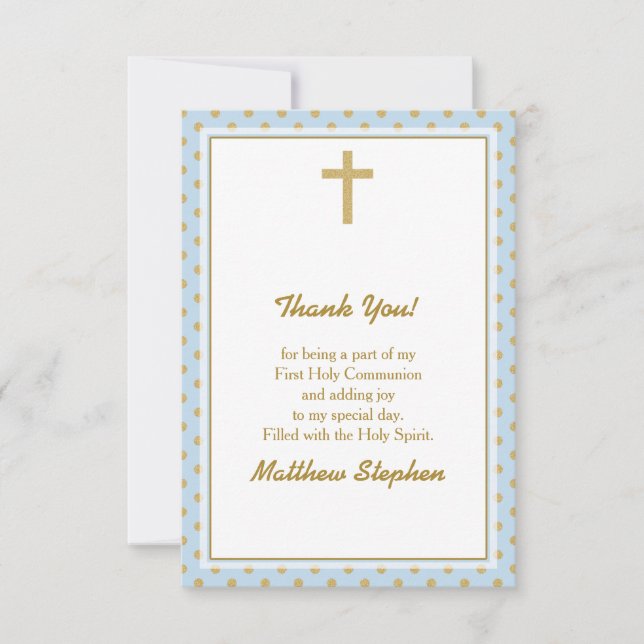 Convite Azul de comunhão com Bolinhas Douradas (Frente)