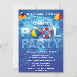 Convite Azul de Festa de Piscina de Verão