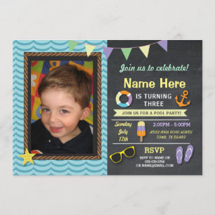Convite Azul de Foto de Aniversário de Festa pisci