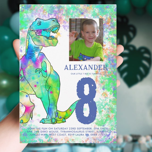 Convite Azul de Fotografia Festa de aniversário do Dinossa (T-Rex dinosaur 8th birthday party invitation with photo template colorful watercolor Jurassic dino)