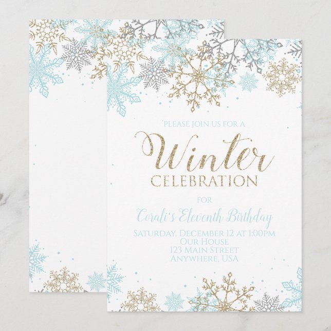Convite Azul de Inverno Dourado Prata Flocos de Neve Anive (Frente/Verso)
