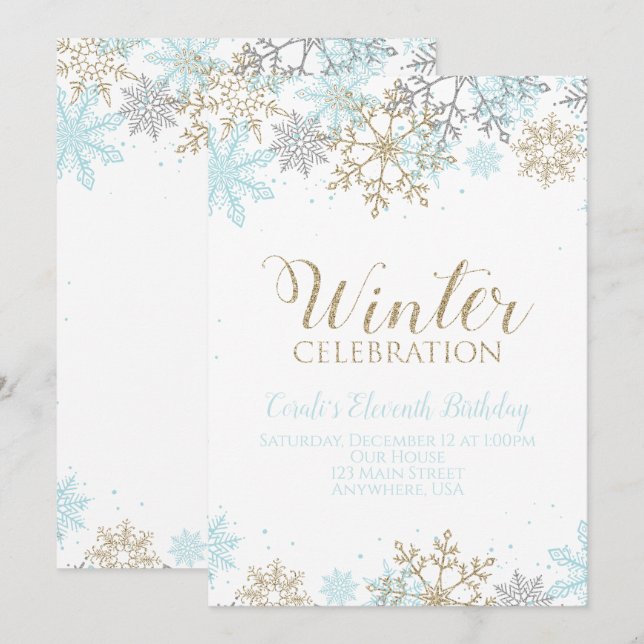 Convite Azul de Inverno Dourado Prata Flocos de Neve Anive (Frente/Verso)