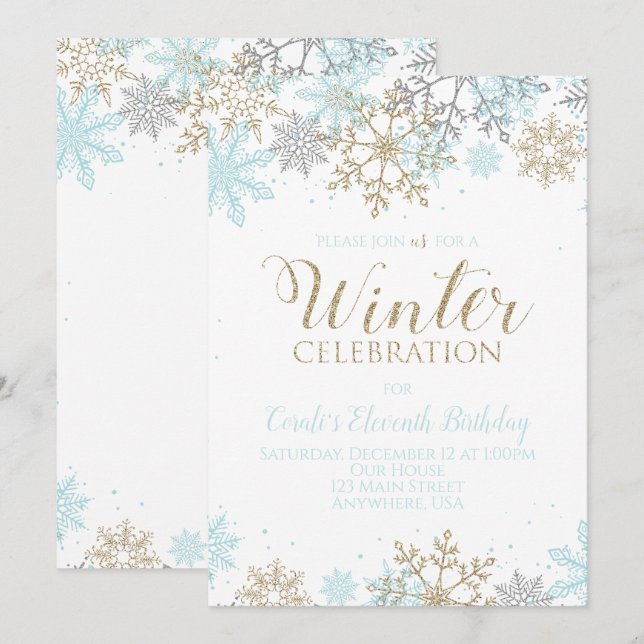 Convite Azul de Inverno Dourado Prata Flocos de Neve Anive (Frente/Verso)