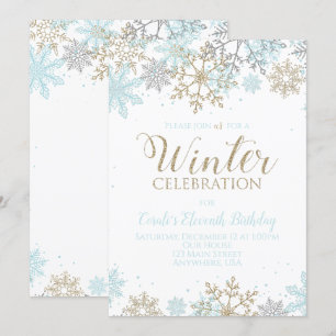 Convite Azul de Inverno Dourado Prata Flocos de Neve Anive
