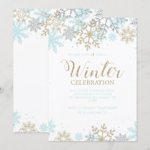 Convite Azul de Inverno Dourado Prata Flocos de Neve Anive